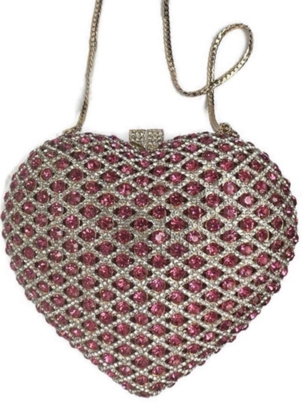 Heart Valentine’s Day Crystal Pink Hand Placed Stones and Gold Handbag Bag
